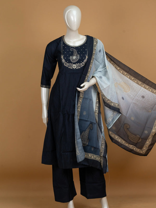 Navy Blue Zari embroidered cotton A-Line kurti set with grey printed dupatta and straight pants