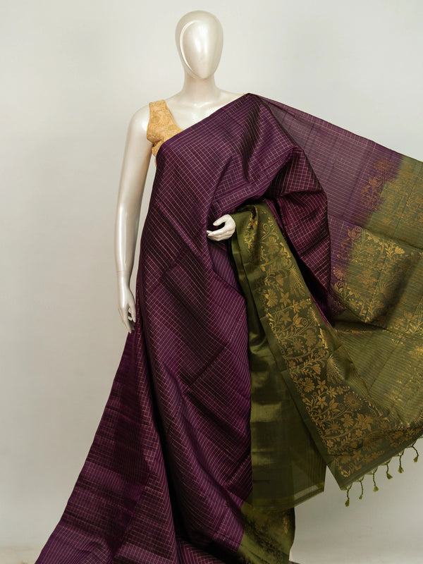 Wine purple Kanchipuram pure mix saree with gold zari checks and olive green floral zari contrast border