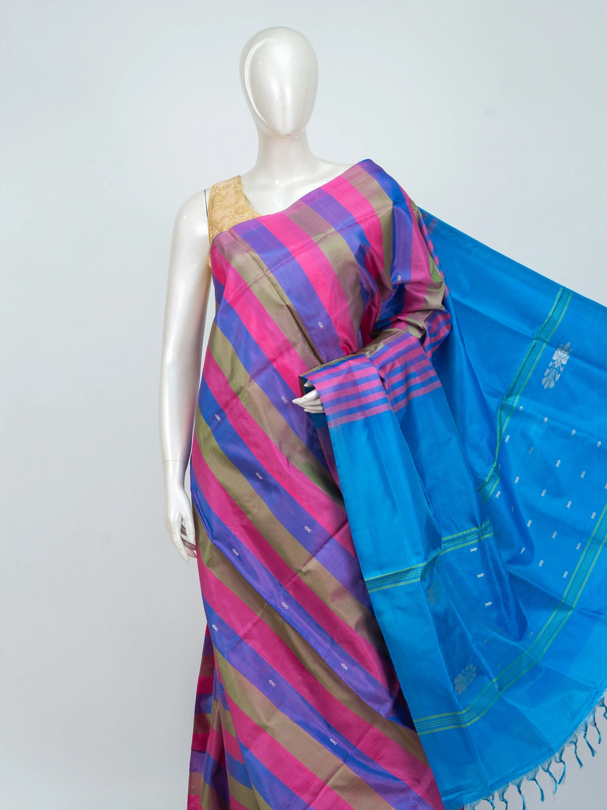 Multicolour checked banana silk saree with contrast blue pallu and silver woven motifs