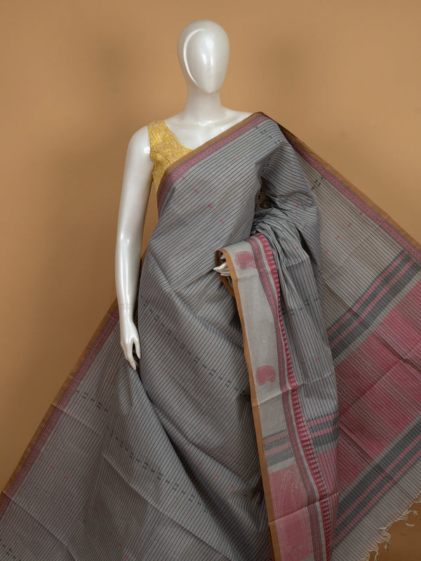 Grey semi raw silk saree with black pinstripes, pink temple border and paisley pallu