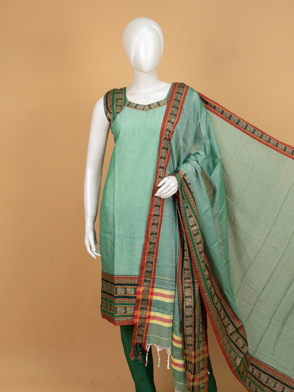 Sea Green handloom cotton straight cut kurti set with maroon peacock woven border and matching dupatta