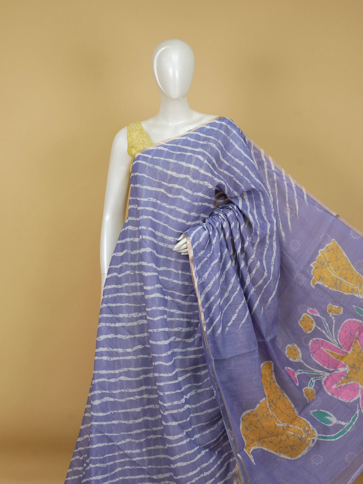 Lavender linen cotton saree with white leheriya batik stripes, multicolour floral batik pallu and golden zari border