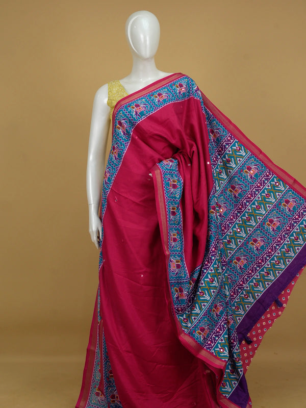 Rani pink linen cotton saree with teal and purple patola elephant border and mirror-work body