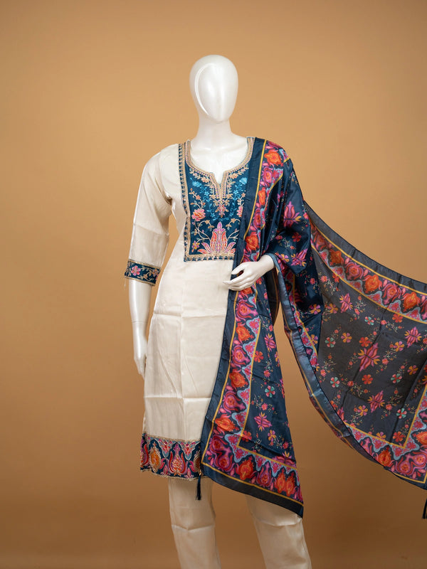 Cream art silk straight cut kurti set with teal floral embroidered yoke and printed dupatta