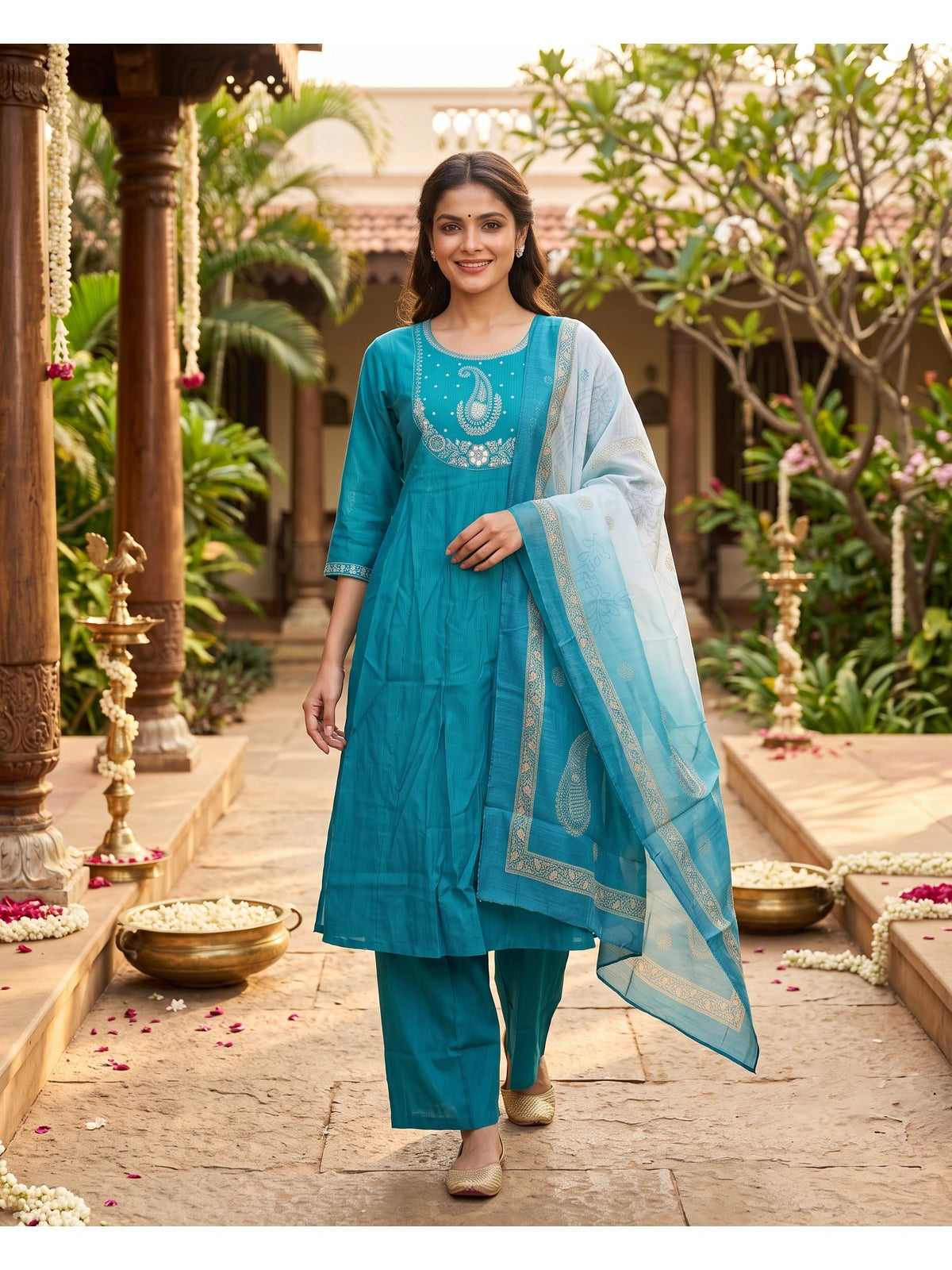 Teal Blue Embroidered Umbrella  Kurti Set with Ombre Dupatta