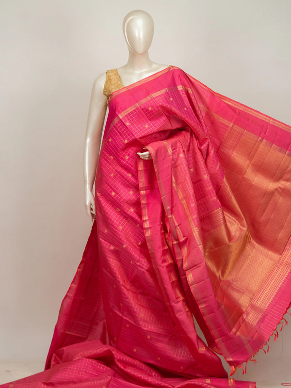 Rani pink pure Kanchipuram silk saree with gold zari checks, small butta motifs and gold zari border