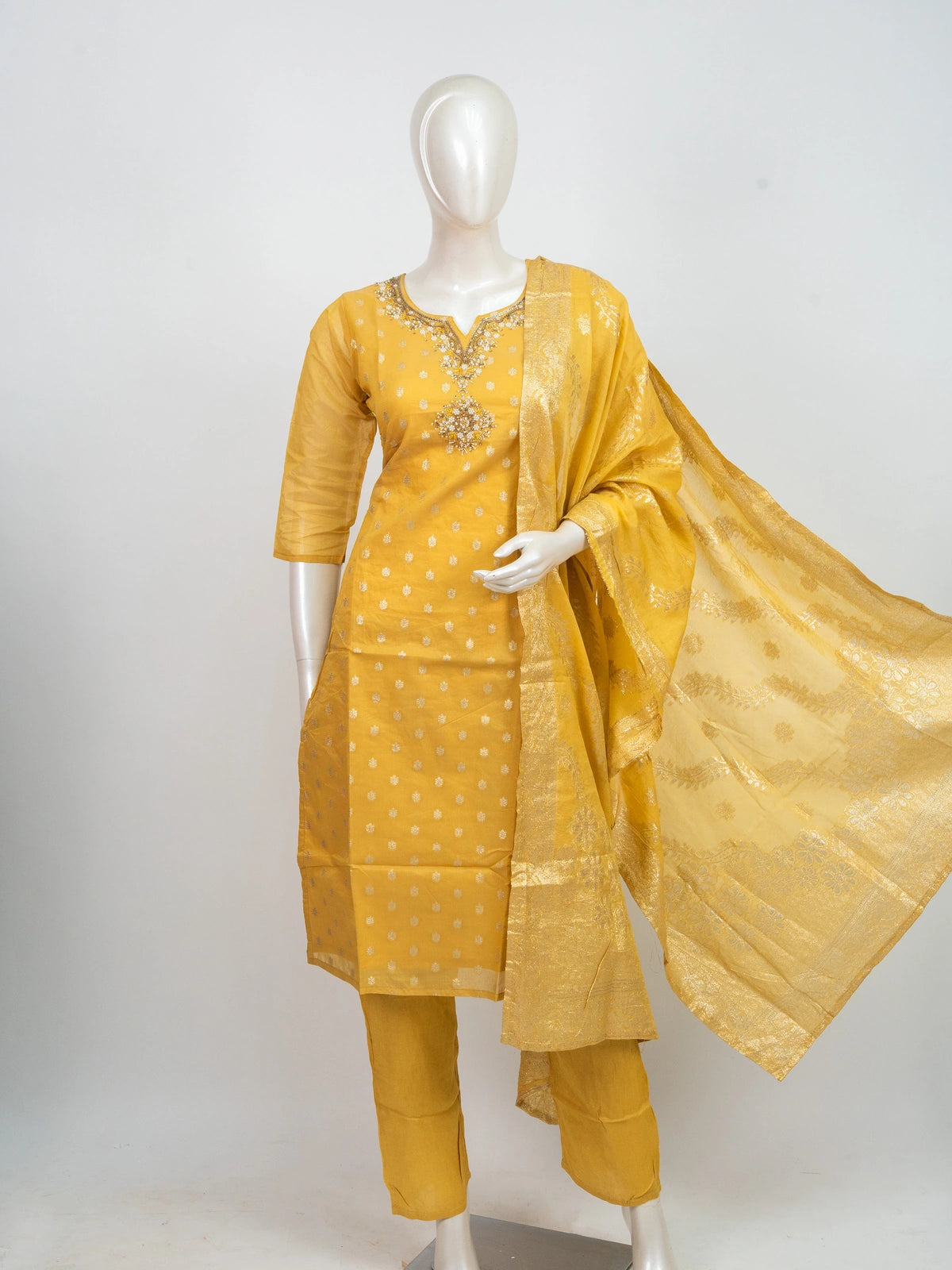Yellow Chanderi silk zari embroidered straight cut kurti set with gold dupatta