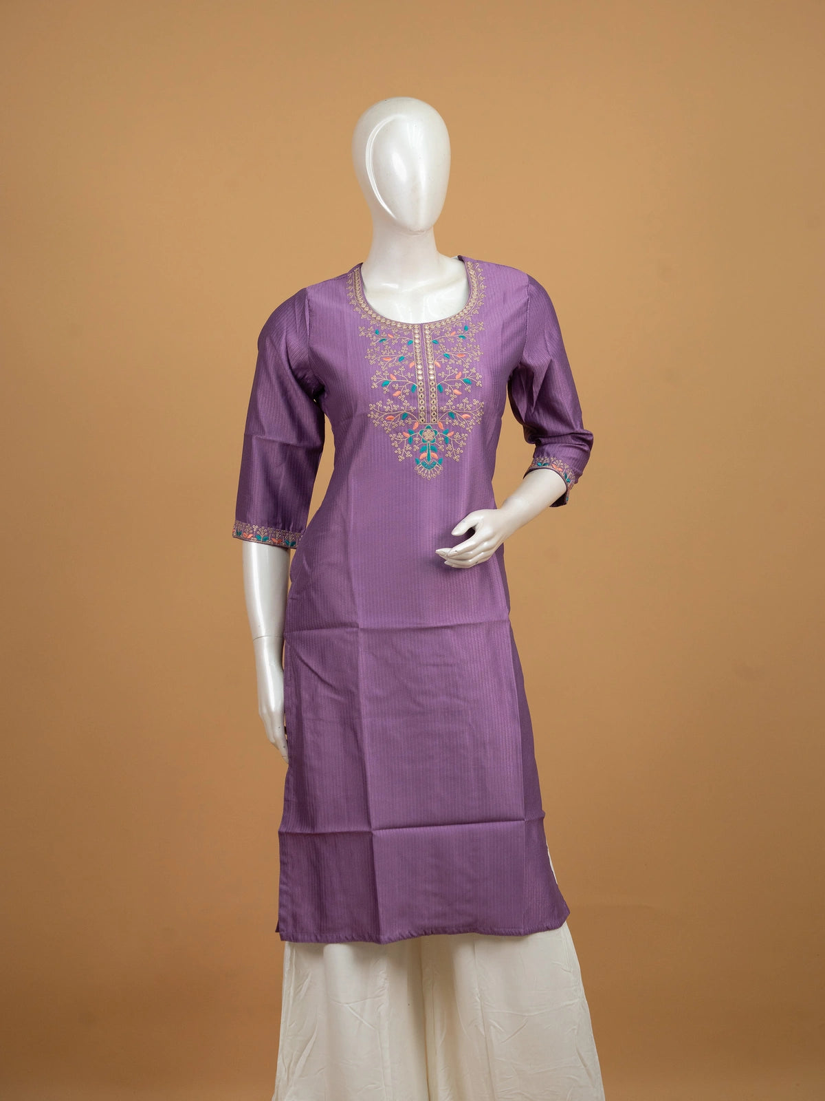 Lavender embroidered textured straight cut kurti top with zari and mirror work neckline