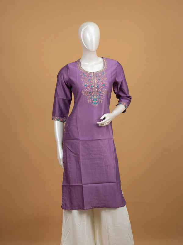Lavender embroidered textured straight cut kurti top with zari and mirror work neckline