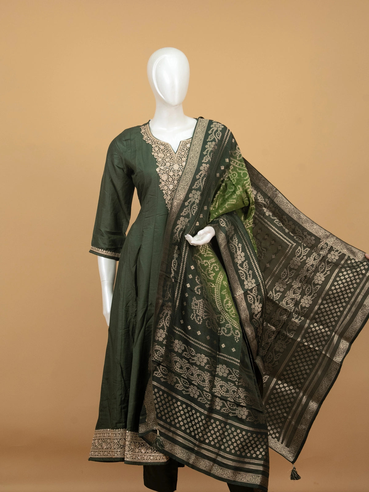 Bottle Green silk blend zari embroidered Anarkali kurti set with gold neckline and green gold dupatta