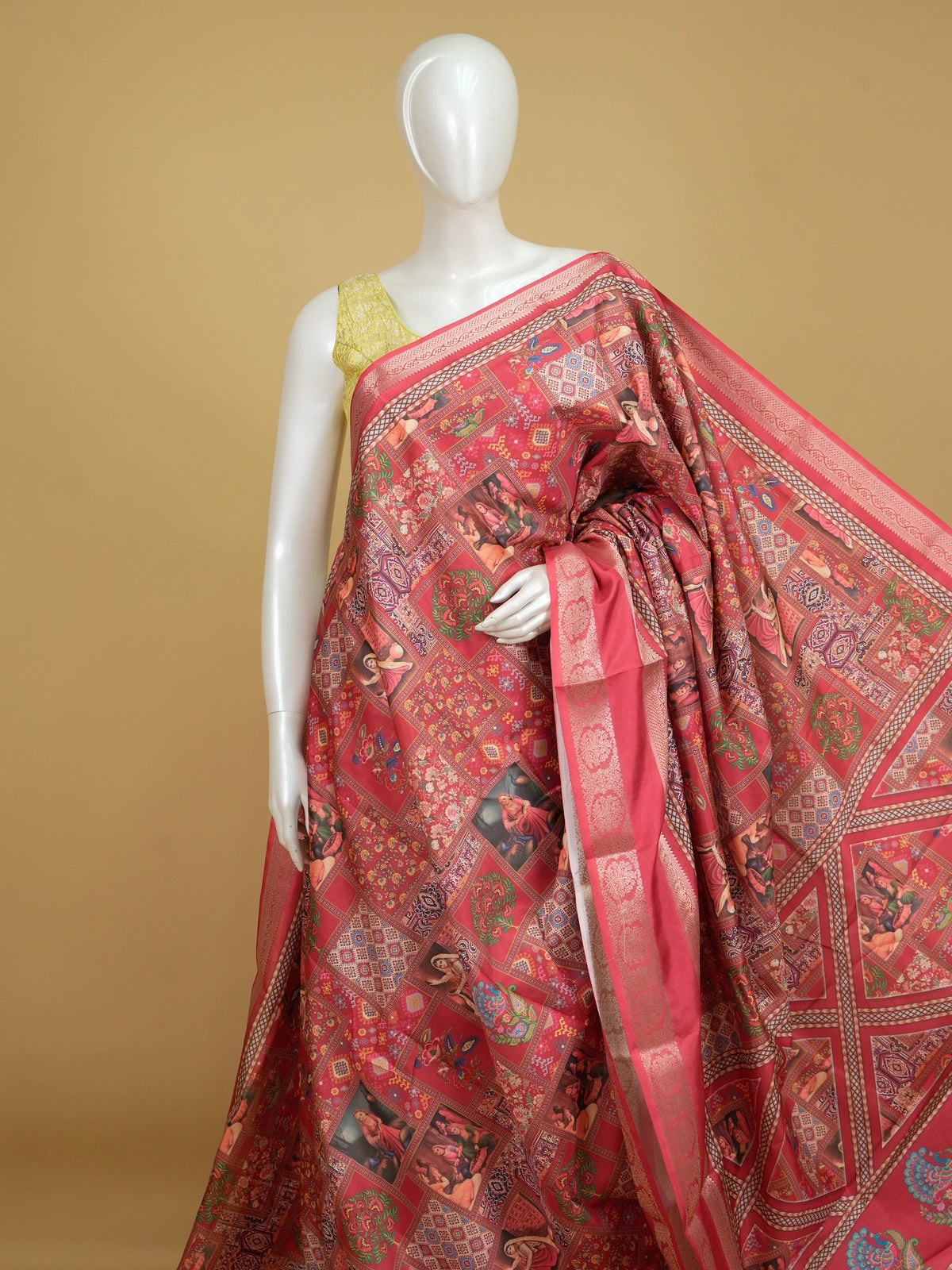 Red multicolour Dola silk saree with miniature painting patchwork print, peacock pallu and zari border