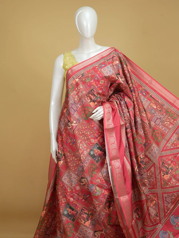 Red multicolour Dola silk saree with miniature painting patchwork print, peacock pallu and zari border