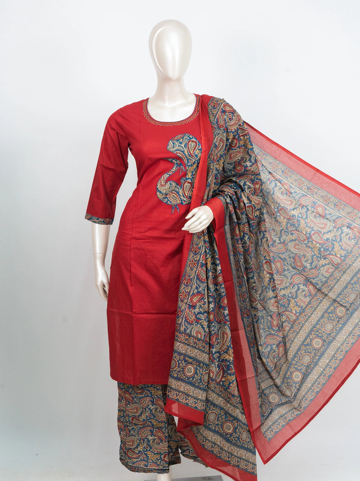Red cotton straight cut kurti set with Kalamkari paisley applique, printed palazzo and dupatta