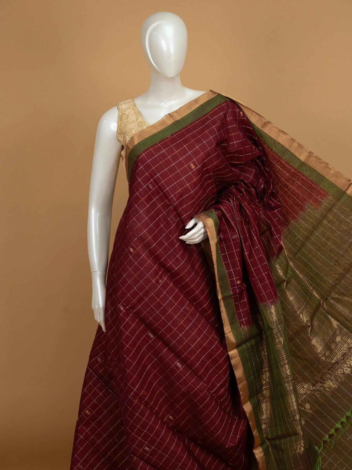Maroon pure silk cotton saree with gold zari checks and contrast olive-green zari border and pallu