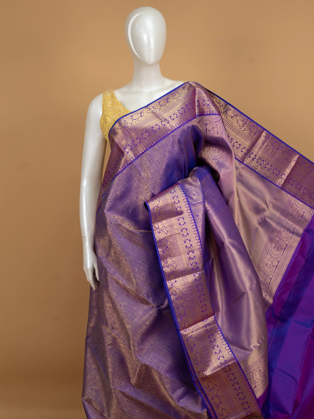 Violet pure Kanchipuram silk saree with all-over gold zari brocade and contrast border