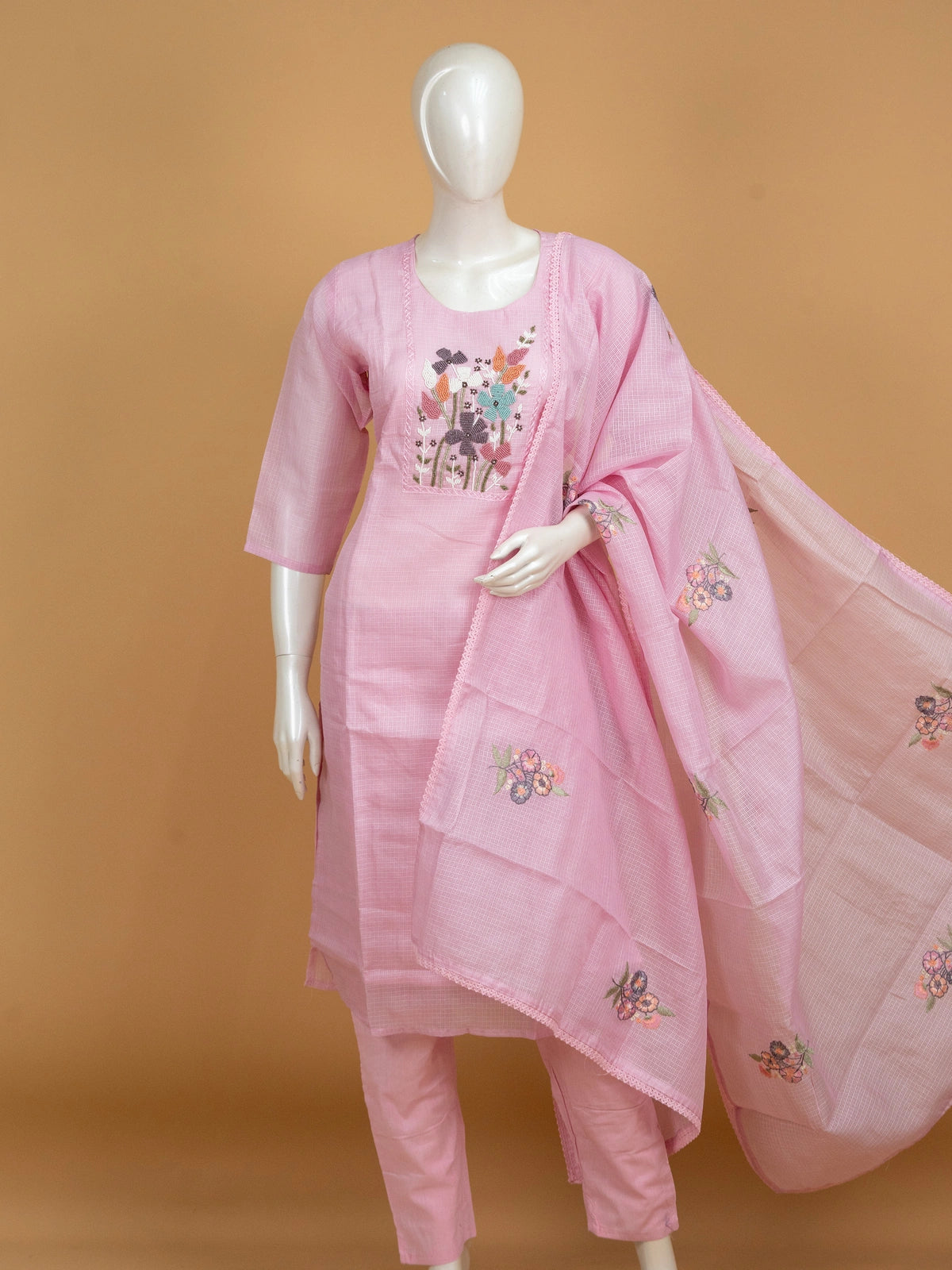 Pink Kota cotton straight cut kurti set with multicolour floral beadwork and matching dupatta