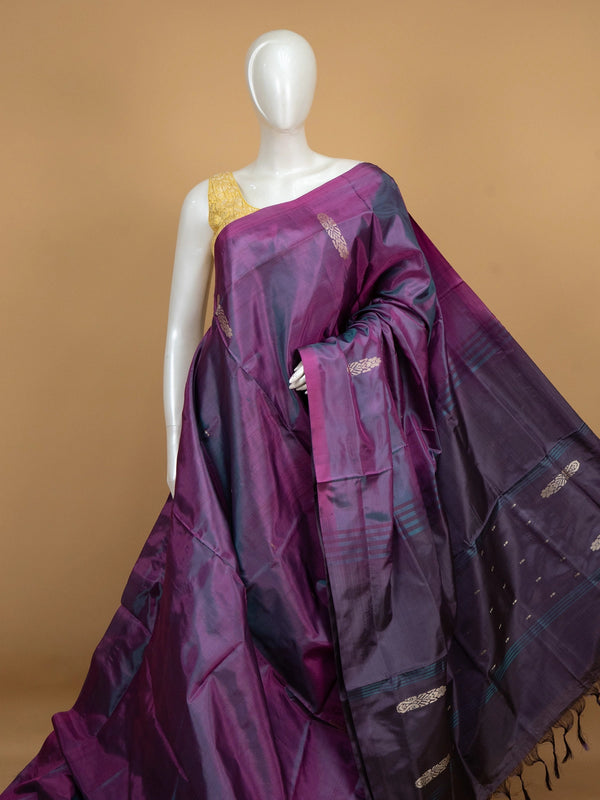 Purple and teal dual-tone banana silk saree with gold zari buttas and striped border