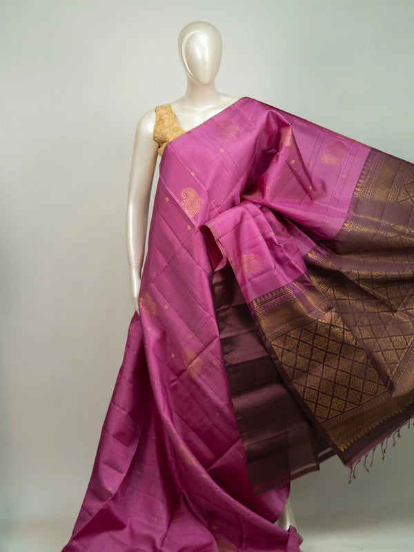 Pink and maroon Kanchipuram Pure Mix saree with gold zari paisley buttas and contrast border