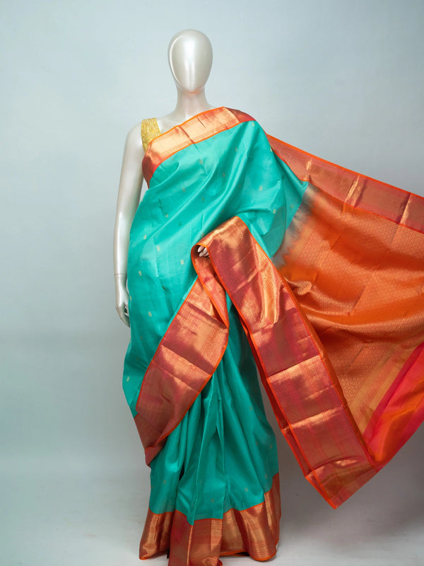 Teal pure Kanchipuram silk saree with contrast orange-red gold zari border and woven pallu