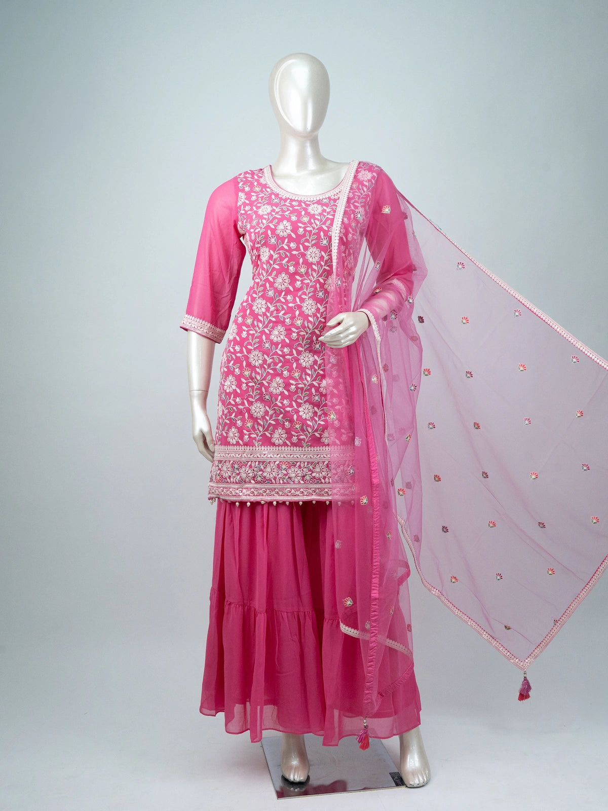 Pink floral embroidered georgette straight cut kurti set with sharara and net dupatta