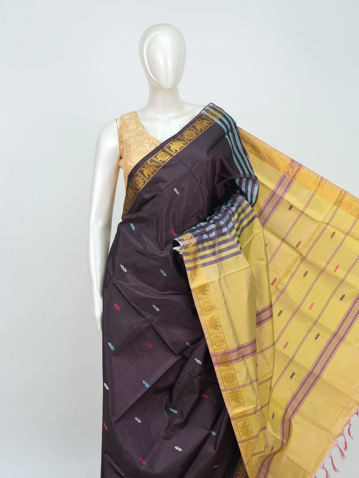 Wine purple Banana Silk saree with gold zari border and contrast yellow striped pallu