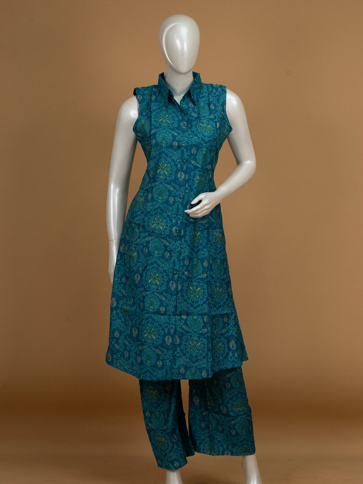 Teal cotton printed sleeveless collared co-ord kurti set with matching palazzo pants