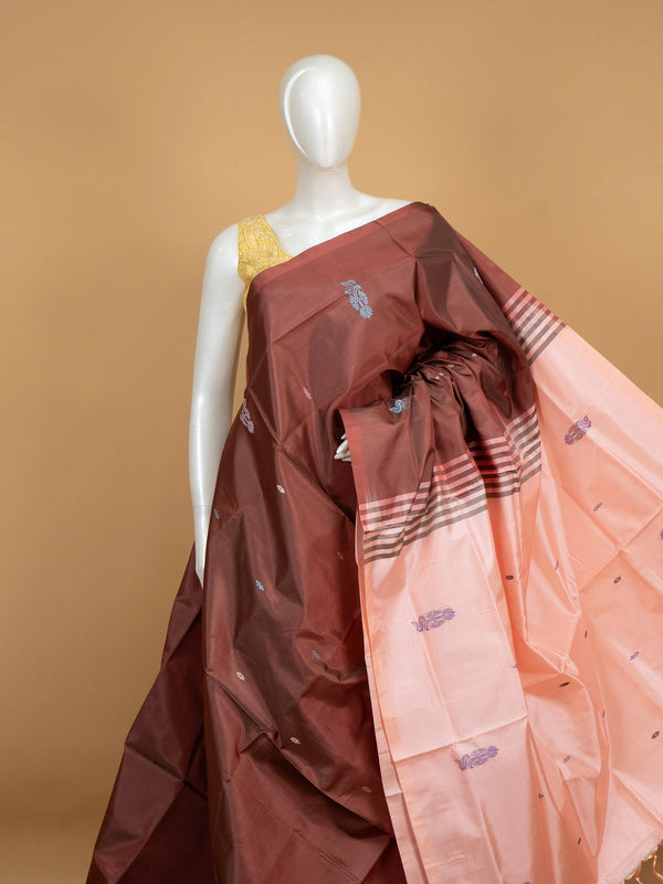 Maroon brown and peach banana silk saree with contrast pallu and woven butti motifs