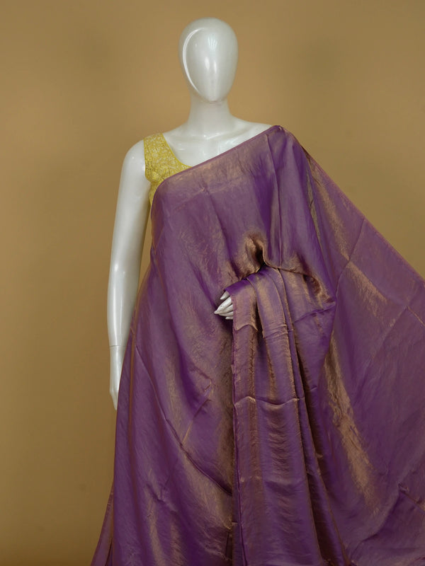 Lavender purple semi tussar saree with gold zari border and multicolour printed contrast blouse
