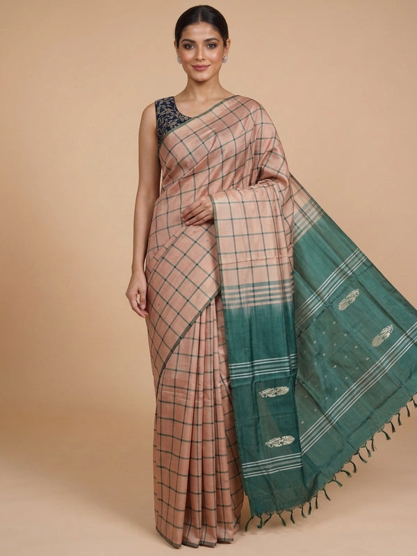 Dusty peach and green checked banana silk saree with green zari pallu and contrast border