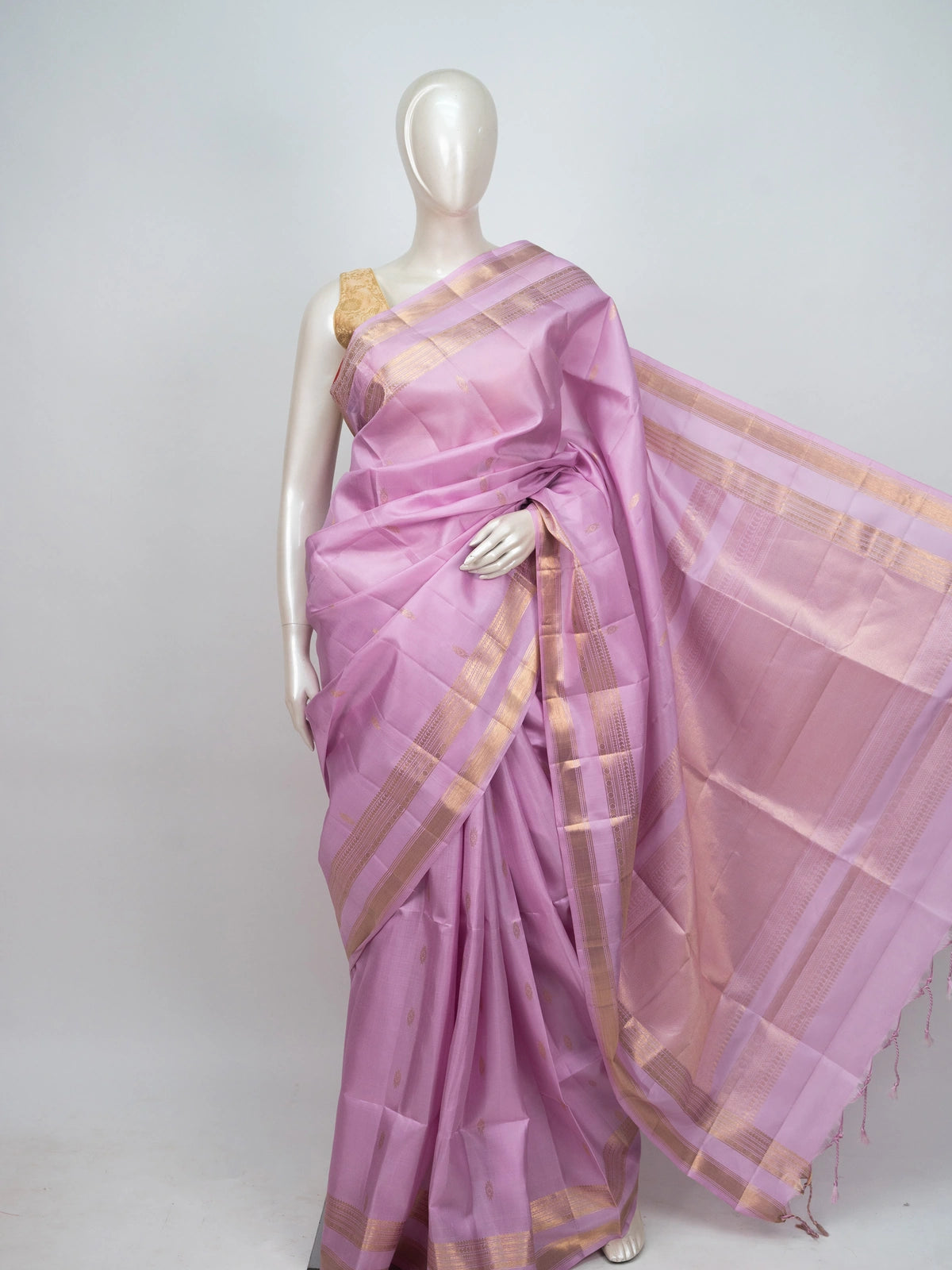 Lilac pink soft silk saree with gold zari border and striped zari pallu