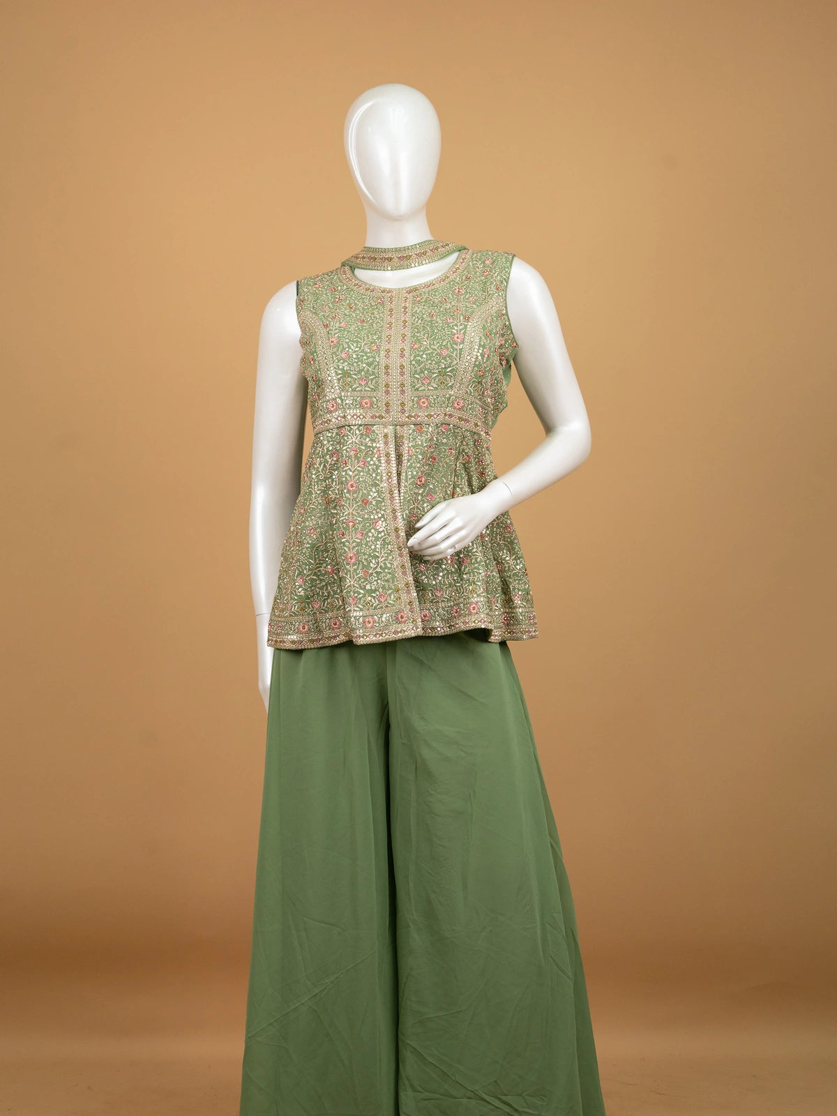 Sage Green floral embroidered sequin straight cut kurti set with dupatta