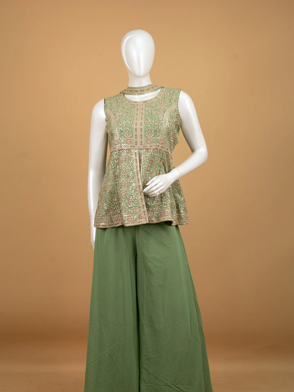Sage Green floral embroidered sequin straight cut kurti set with dupatta