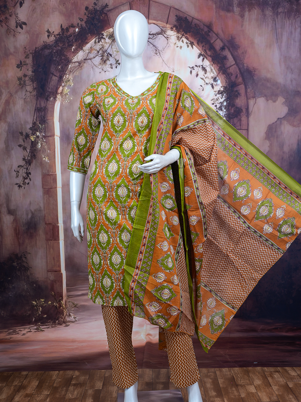 Orange and green printed cotton kurti set with straight pants and contrast green border dupatta