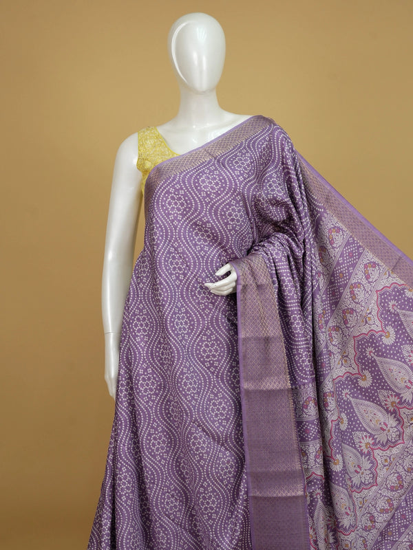 Lavender bandhani print designer saree with gold zari border and paisley pallu