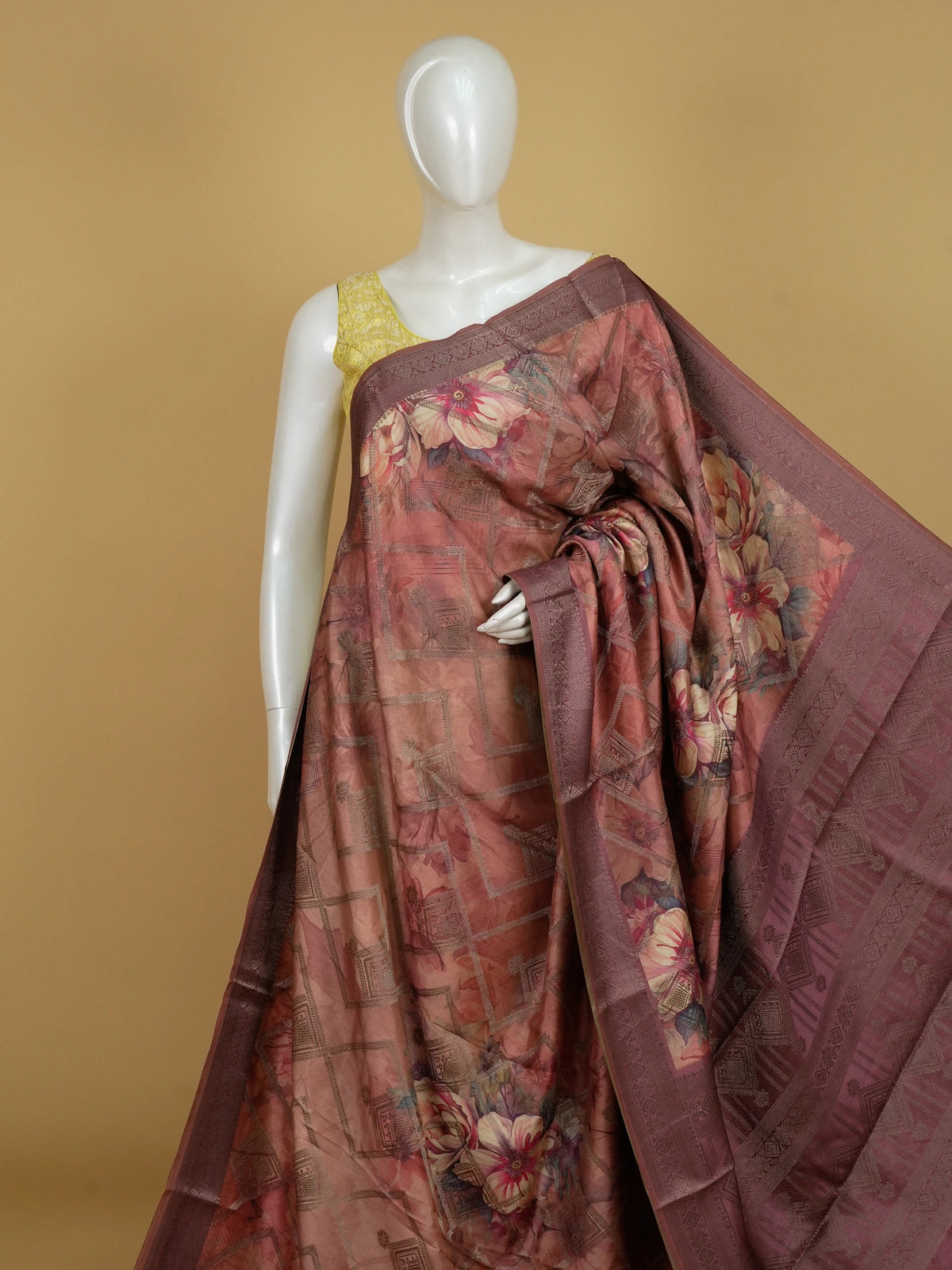 Dusty rose and mauve Semi Tussar saree with floral print and contrast zari border