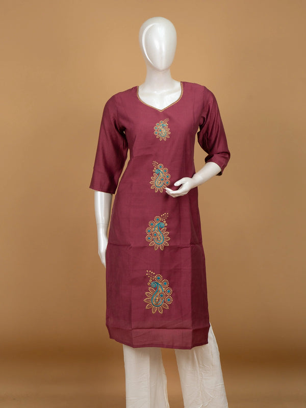 Wine art silk straight-cut kurti top with gold and teal paisley embroidery