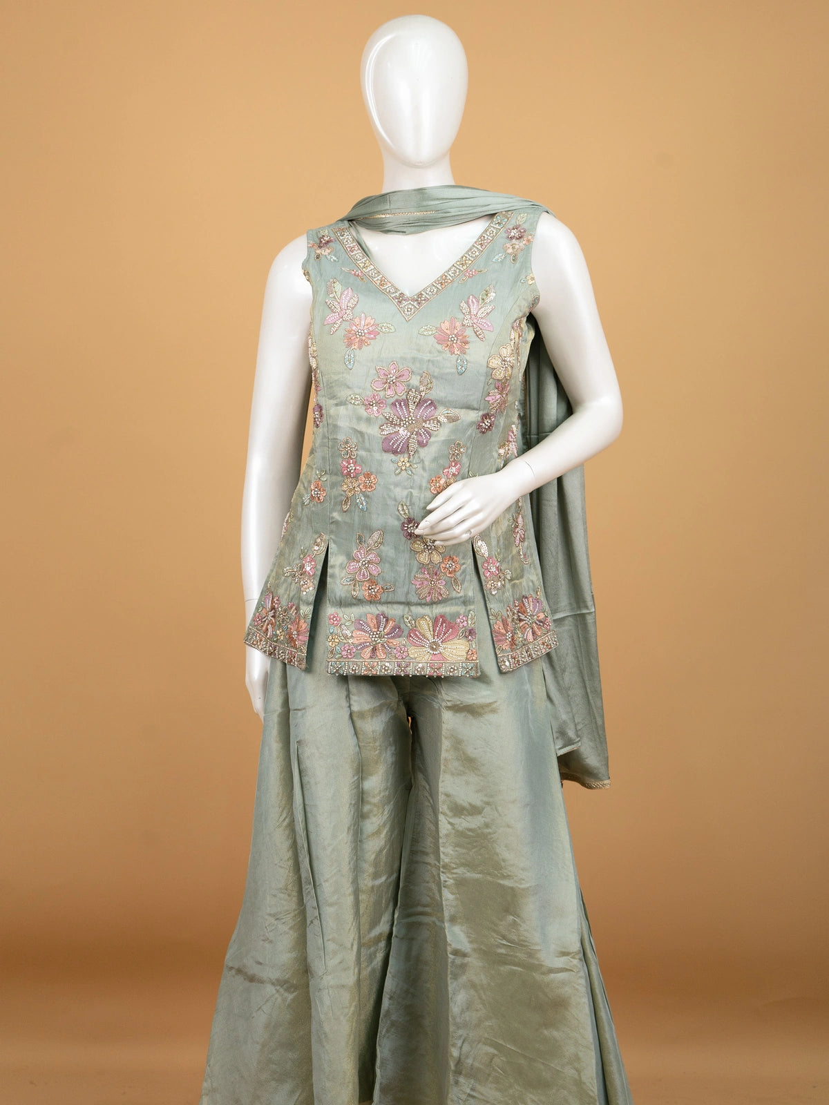 Sage green floral embroidered tissue silk straight cut kurti set with flared palazzo and dupatta