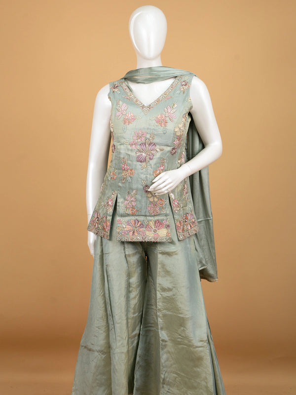 Sage green floral embroidered tissue silk straight cut kurti set with flared palazzo and dupatta