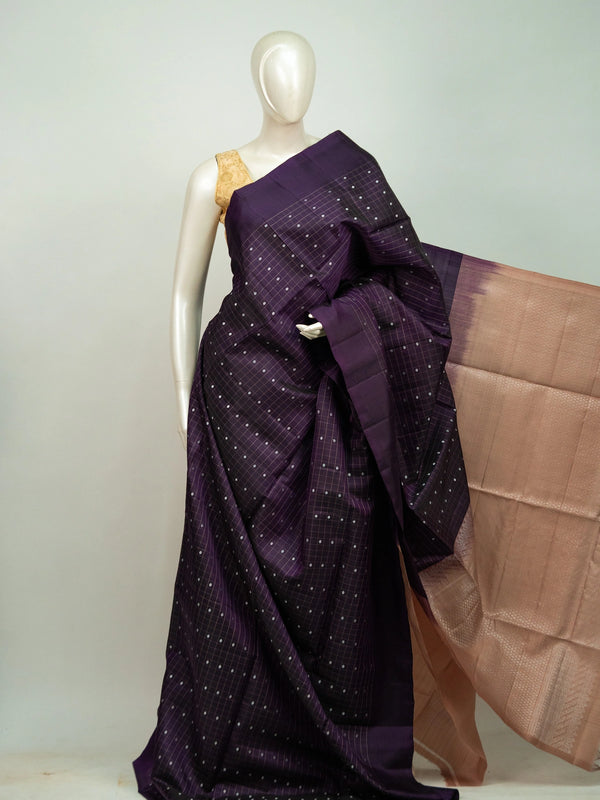 Purple Kanchipuram pure mix saree with checked body, silver buttas and copper zari border and pallu