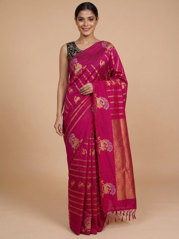 Rani pink semi raw silk saree with gold zari folk motifs, brocade pallu and contrast black blouse