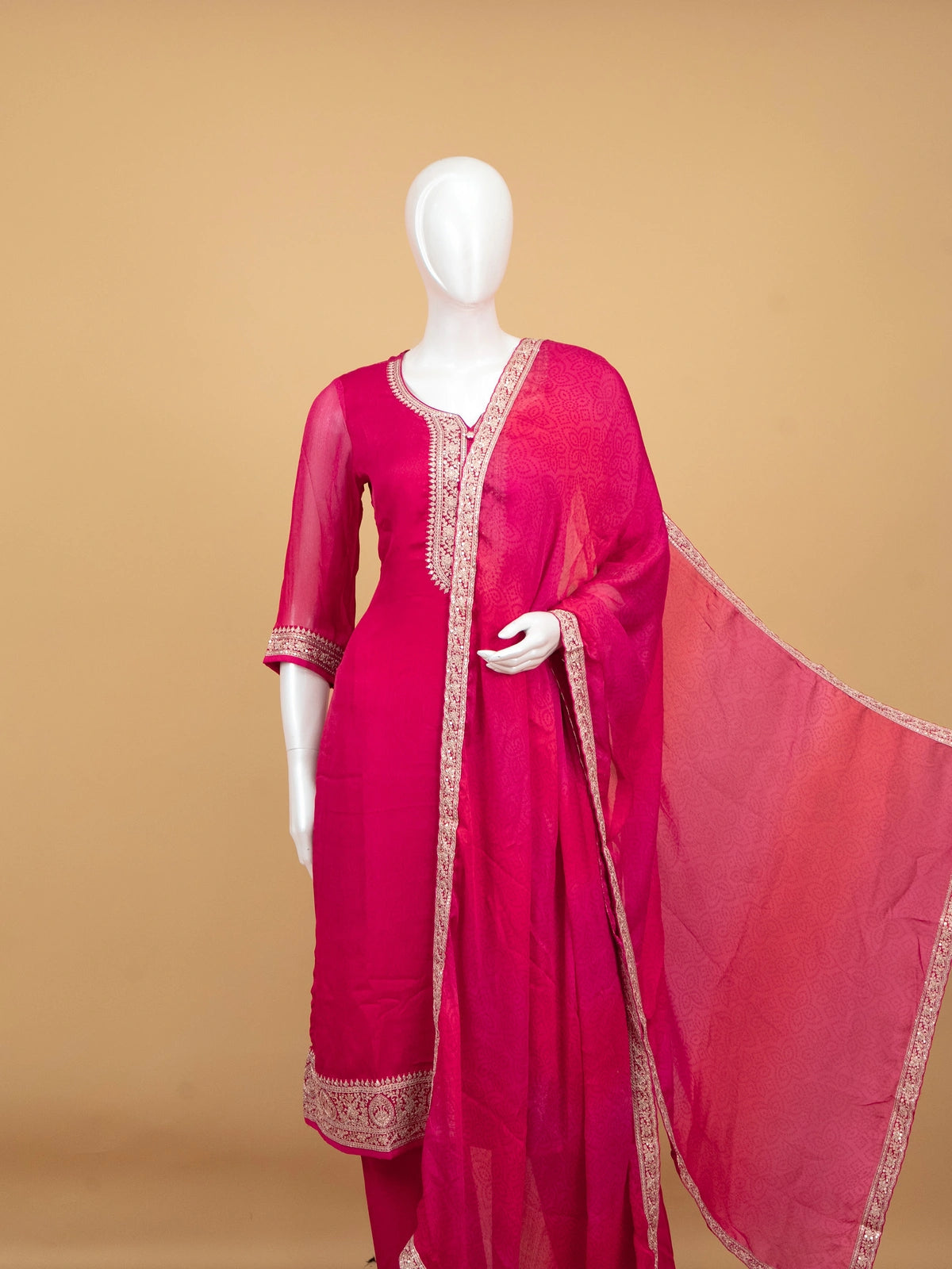 Rani Pink zari embroidered chiffon straight cut kurti set with bandhani dupatta