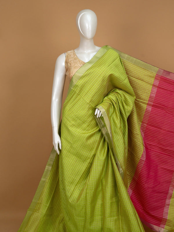 Lime green Linen Cotton saree with woven checks, contrast pink pallu and yellow-gold zari border
