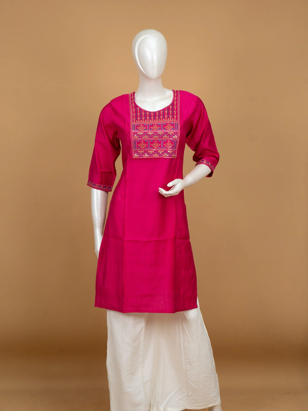 Rani Pink cotton embroidered straight cut kurti top with gold and blue yoke work