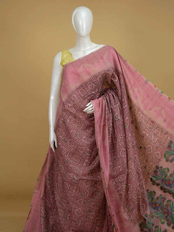 Dusty pink linen cotton saree with ikat patola body and Madhubani bird pallu