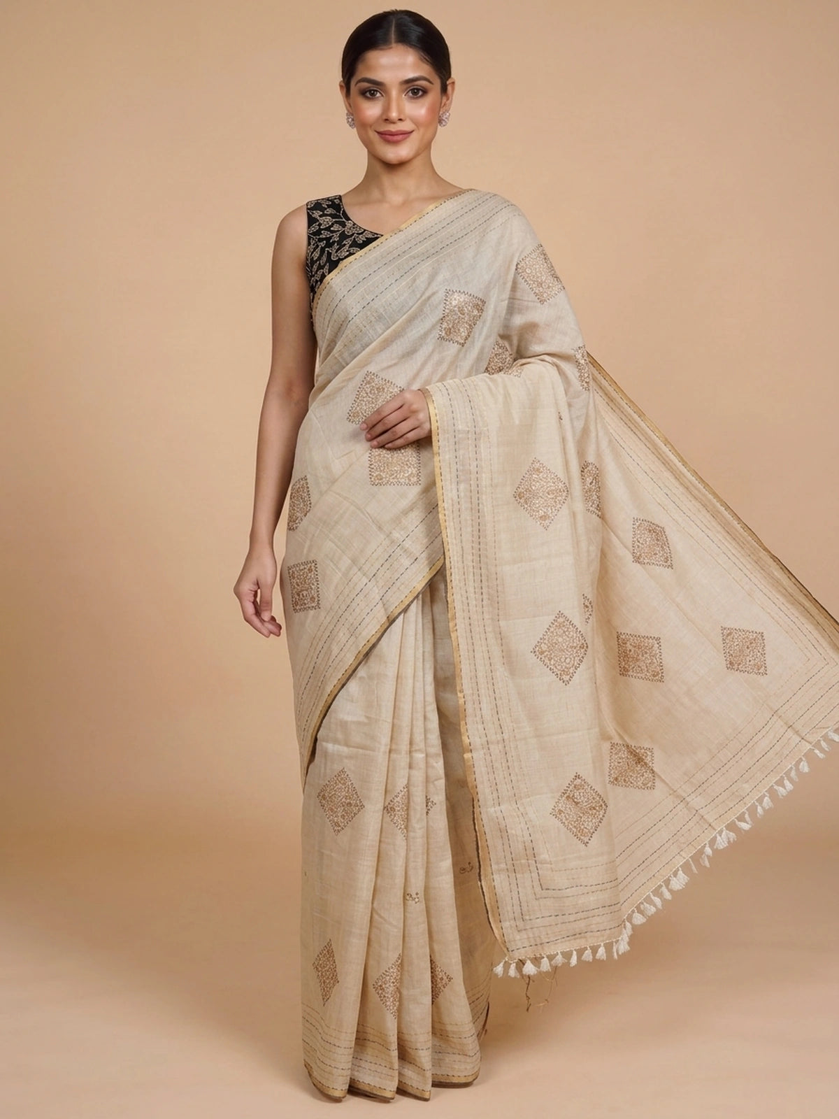 Cream and Gold Linen Cotton Saree
