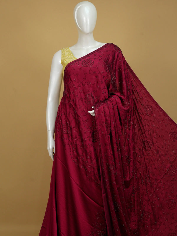 Wine maroon designer georgette saree with tonal floral rose stone work and tasselled pallu