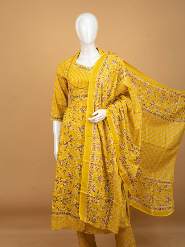 Mustard Yellow floral block print cotton Anarkali kurti set with dupatta