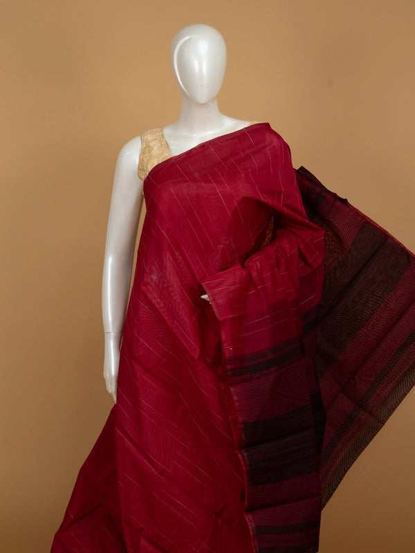 Red silk cotton saree with fine zari stripes and a striped maroon pallu