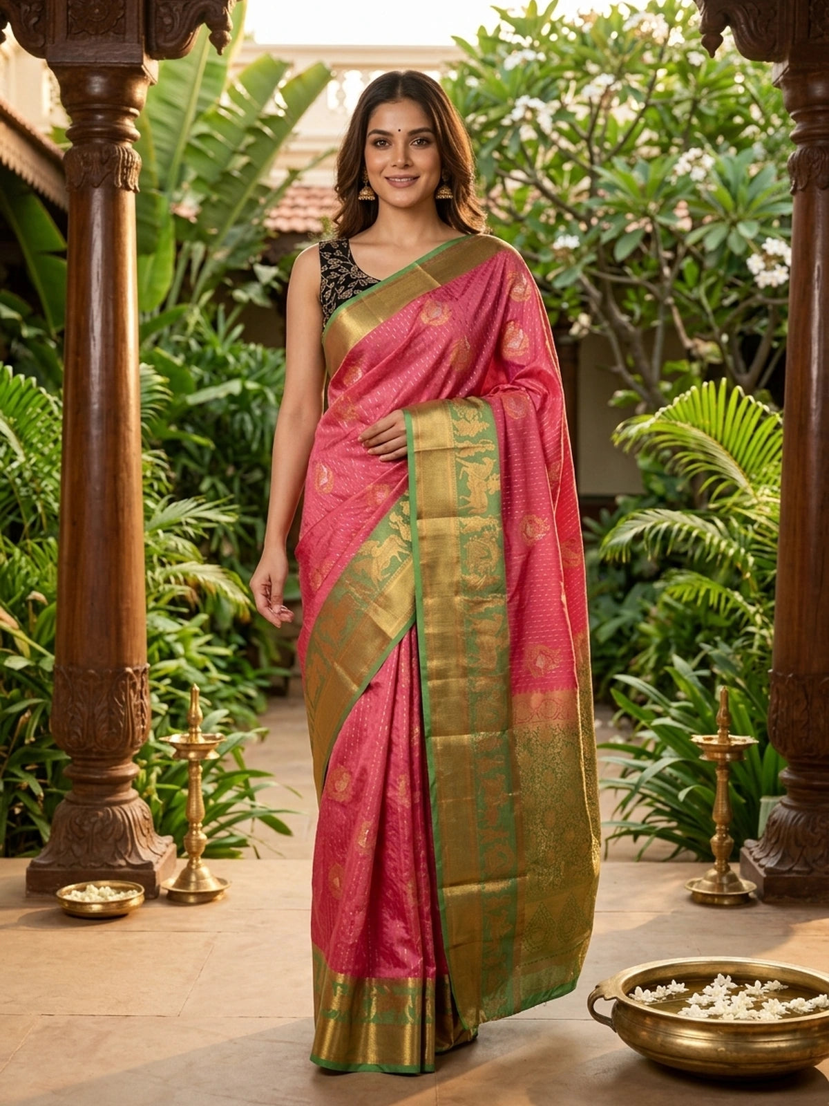 Pink soft silk saree with green and gold zari contrast border and floral brocade pallu