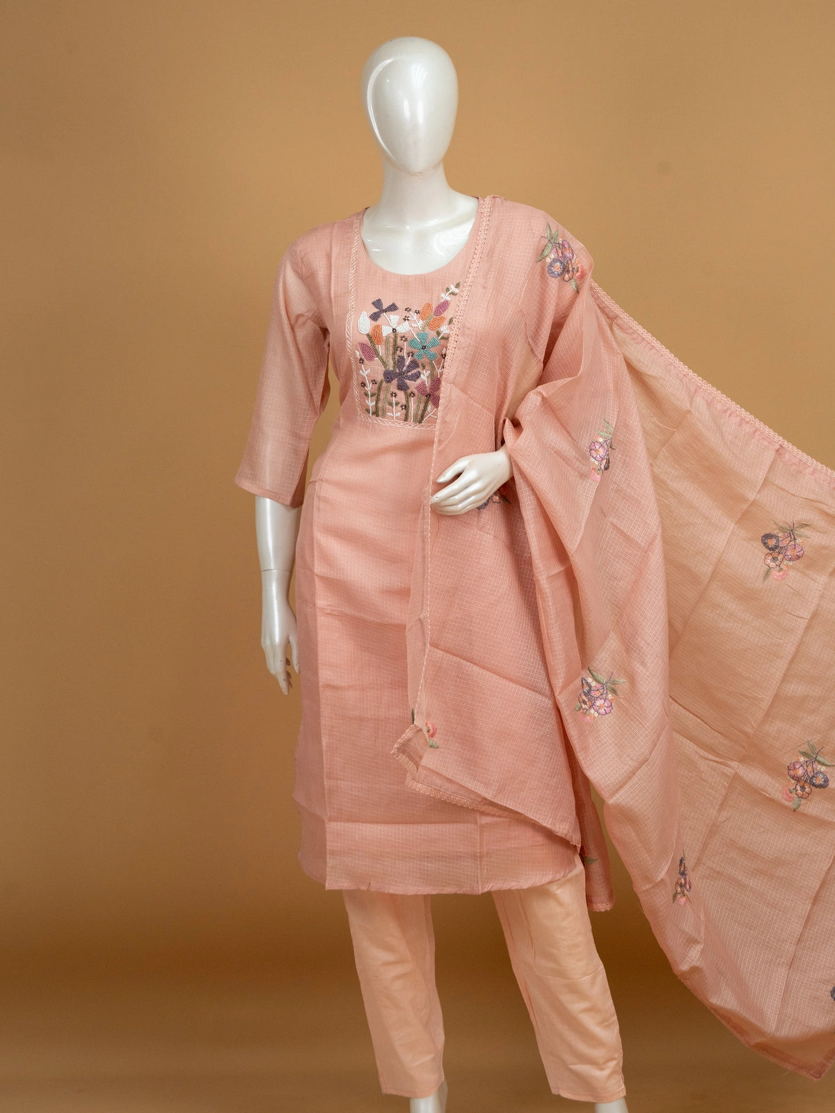 Peach Kota Doria straight cut kurti set with multicolour floral beadwork and embroidered dupatta